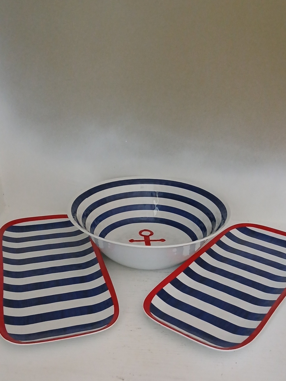 Striped Blue & White Nautical Serving Bowl and Trays with Red Trim